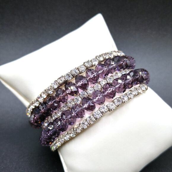 Purple Crystal Bead Clear Rhinestone Wrap Wire Bracelet, Five Layers - Picture 6 of 7